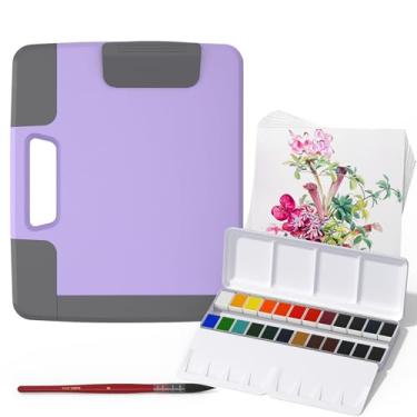 Imagem de Conjunto de tinta aquarela MeiLiang para viagem, conjunto de aquarela inclui 24 cores sólidas aquarelas + papel aquarela 50% algodão de 19 x 19 cm (20 folhas) + 1 pincel de aquarela + organizador