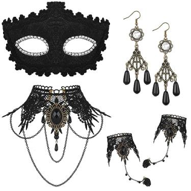 Imagem de Libima Conjunto feminino de fantasia de vampiro de Halloween, 5 peças, máscara gótica, gargantilha, pulseira, brincos, One Size, liga metálica, malha