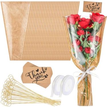 Imagem de Gilprop 100 pacotes de sacos de embrulho de flores de 41,5 cm, mangas de embalagem floral de papel kraft com suporte de cartão floral, fitas e buquê de cartão de agradecimento, mangas de embrulho de