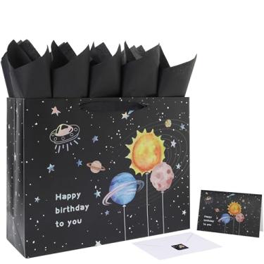 Imagem de Conjunto de saco de presente de aniversário extra grande de 42 cm com alças, cartão comemorativo, papel de seda preto e adesivos para meninos e adolescentes para chá de bebê, festa de aniversário