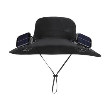 Imagem de Anti-UV 2 Fãs Chapéu Solar Carregamento Ar Refrigerador Ventilador Sun Hat Wide Brim Bucket Hat Para Homens Pescadores Chapéu verão Cooler Sun Cap,Black
