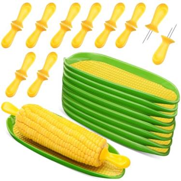 Imagem de Teenyyou Conjunto de 27 suportes de espiga de milho e pratos, aço inoxidável, suportes de espiga, bandeja de serviço de melamina, espetos de manteiga para cozinhar em casa e churrasco
