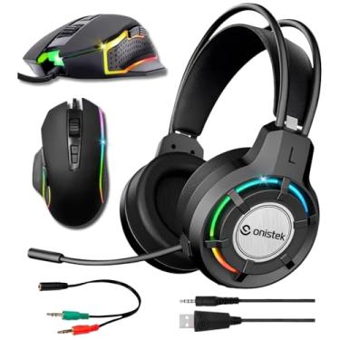 Imagem de Kit Gamer Headset Fone de Ouvido Drive 50mm Microfone Flexivel Led RGB e Mouse Ergonomico 6 Botões 4800 DPI Led Efeito Rainbow Para Pcs Notebooks Smartfones Consoles