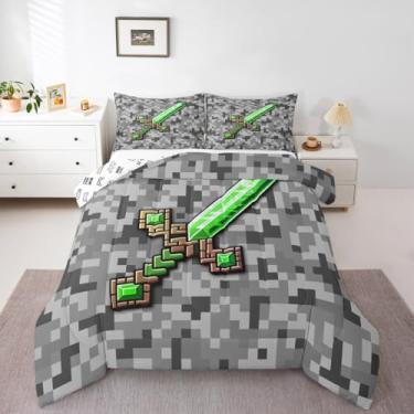 Imagem de Castle Fairy Jogo de cama casal com pedra preciosa verde, espada marrom, 3 peças, para decoração de quarto de crianças, adolescentes e mulheres, temática de mineiro, cinza, conjunto de edredom