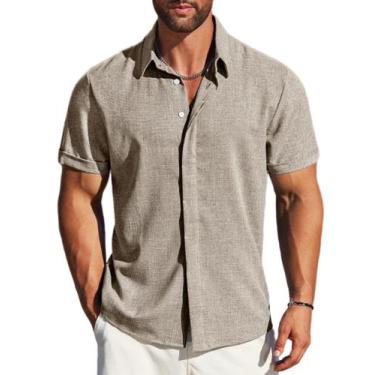 Imagem de Camisa masculina MAPICK de linho de manga curta com botões, cáqui escu