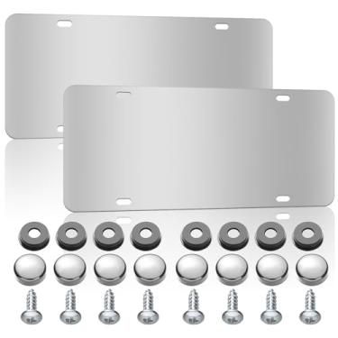Imagem de Otoolling Pacote com 2 molduras de placa de carro de 30 x 15 cm de aço inoxidável, suporte de carro polido prateado, com parafusos, tampas cromadas, moldura de metal resistente à prova de ferrugem