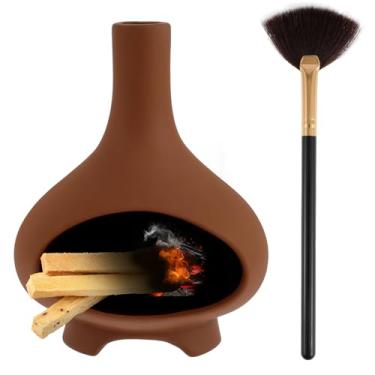 Imagem de Suporte de incenso de cerâmica queimador de incenso, chaminé, queimador de cone de incenso com escova de limpeza pequena, suporte de queimador de sálvia para decoração zen de meditação de ioga