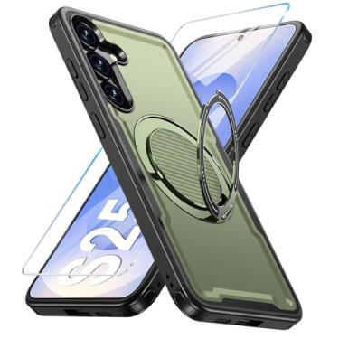 Imagem de Capa para Samsung Galaxy S24/S25 compatível com Mag-Safe, suporte de anel giratório 360, capa com suporte magnético, capa de telefone à prova de choque de grau militar, com protetor de tela, TPU e