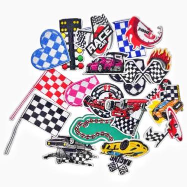 Imagem de 20 peças de patch bordado de pista de carro de corrida costurar/passar a ferro no fósforo bandeira xadrez emblema bordado luz de sinalização aplique de costura acessório de decoração para roupas