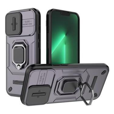 Imagem de SORAKA Capa para iPhone 13 Pro com suporte de anel e capa de câmera deslizante para iPhone 13 Pro com placa de metal para suporte magnético de carro, capa protetora de camada dupla em policarbonato