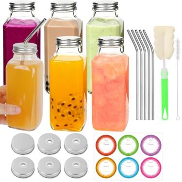 Imagem de BIGIVACA Garrafas de vidro de 350 ml com tampas e canudos - Pacote com 6 garrafas de vidro para sucos - Frascos reutilizáveis para smoothies, viagens, armazenamento