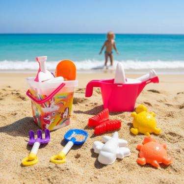 Imagem de Kit de Praia Infantil Unicórnio Mágico com Balde, Pá, Rastelo e Moldes, 7 Peças, Rosa e Turquesa