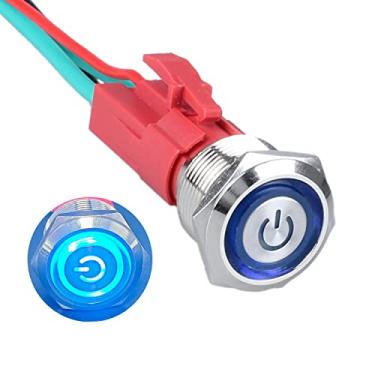 Imagem de DMWD 1 interruptor de botão de pressão de metal resistente de 19 mm à prova d'água 20Amp 12V-24V ON-Off 1NO 4 pinos com soquete pré-fio para orifício de montagem de 1,9 cm com símbolo de energia (LED