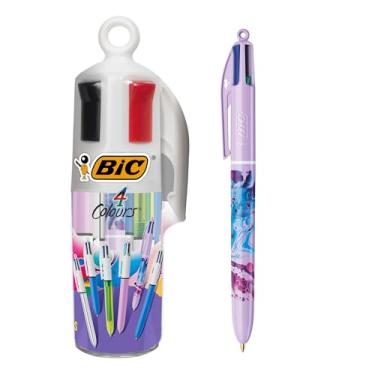 Imagem de BIC Canetas esferográficas e estojo de 4 cores – Conjunto de 6 canetas e pote decorativo – Variedade de designs divertidos, canetas de tamanho original e 1 mini