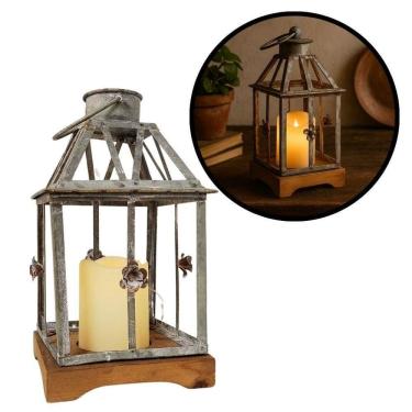 Imagem de Lanterna Decorativa Iluminada Ferro E Madeira Cinza Envelhecido 28cm - Bela Flor