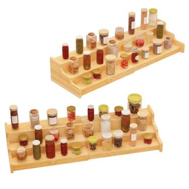 Imagem de Pacote com 2 organizadores de temperos para armário – Prateleira expansível de bambu de 3 camadas para armazenamento de temperos na despensa de cozinha