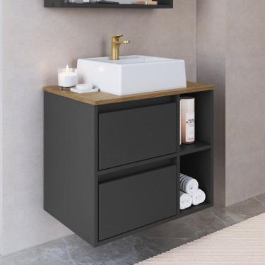 Imagem de Gabinete de Banheiro Suspenso 60cm com 2 Nichos 1 Porta Basculante e 1 Gaveta com Cuba Bh8005 Mel/Grafite