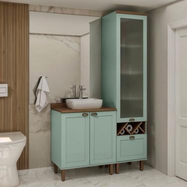 Imagem de Conjunto de Banheiro Modulado 100% Mdf Americano 2 Peças com Armário de Vidro Iluminata Verde Mint/Ébano Fosco