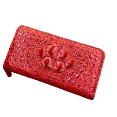 Imagem de Carteira feminina de couro de crocodilo genuína moderna com zíper longa porta-cartões couro de jacaré exótico feminino bolsa clutch azul, Vermelho, 19.5cm(Length) x 10cm(Width) x 2.5cm(Deep), Moda e