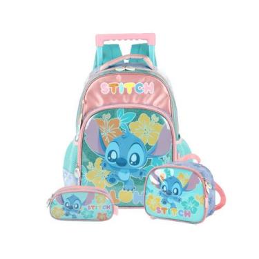 Imagem de Kit Mochila Stitch Rodinhas Lancheira Estojo Triplo Passeio, Turquesa