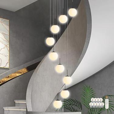 Imagem de KoKo&Yukina 9 Luzes Globo De Vidro Branco Leitoso Luminárias Pendentes De Comprimento Ajustável Luminárias Pendentes Globo De Vidro Moderno Lustres Pretos Lustres Grandes Para Tetos Altos Foyer