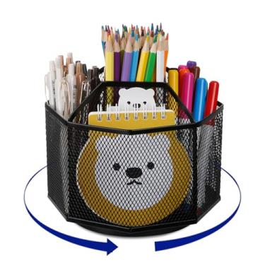 Imagem de Comix Porta-lápis de malha, organizador de mesa, 5 compartimentos, arame, mesa giratória, porta-lápis, material de escritório para casa, escritório, escola, preto