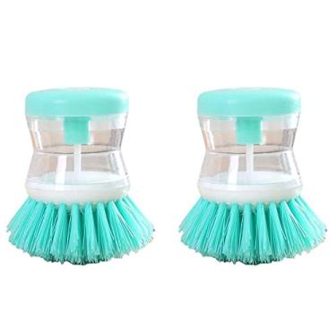 Imagem de 2 peças de escova de louça, ferramenta de limpeza conveniente, acessórios de cozinha, dispensador de sabonete, detergente para economia de mão de obra (verde)