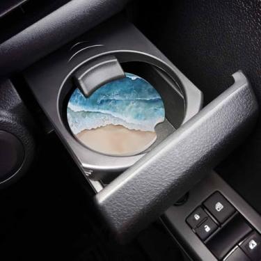 Imagem de Blue Coastal Conjunto de 2 porta-copos de carro para porta-copos, praia de verão, beira-mar, náutico, bege, 6 cm, porta-copos de cerâmica absorvente para bebidas/chá/café