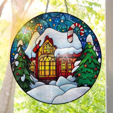 Imagem de Apanhador solar de acrílico colorido, decoração de janela suspensa de Natal com design de vitral impresso, apanhador de sol, arte de parede de arco-íris, ornamentos de Natal para uso interno e externo