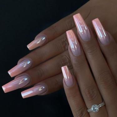 Imagem de Kit de unhas de pressão médio longo quadrado ombré rosa cola falsa conjunto de unhas com design cromo rosa nude cobertura completa bastão falso artificial em unha de acrílico para mulheres 24 peças