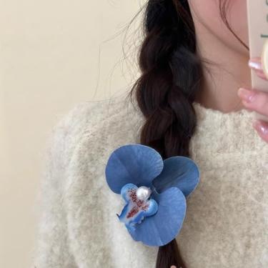 Imagem de Bohemia Grampos de cabelo com flor de orquídea grande, orquídea artificial, alfinetes de cabelo florais para noivas, festa na praia, joias de cabelo para mulheres, azul
