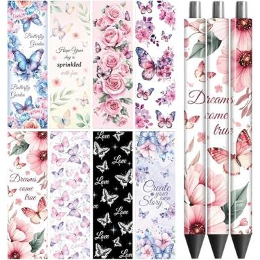 Imagem de Adesivo de transferência UV DTF borboletas e flores de rosas - 48 peças à prova d'água impressão HD UV DTF caneta decalques adesivos para caneta lápis personalizada faça você mesmo artesanato