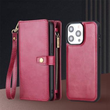 Imagem de Capa carteira multifuncional removível para iPhone 15 Pro Max 14 13 12 11 Xs Max Xr 6 7 8 Plus SE 3 Bolsa de telefone de couro magnético, vermelha, para iPhone7Plus