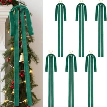 Imagem de 6 peças de laços de veludo verde de Natal 59 x 39 cm, laço rústico grande de veludo para escadas de Natal, laço de fita para topo de árvore vintage pré-amarrado para decoração de casa, guirlanda de