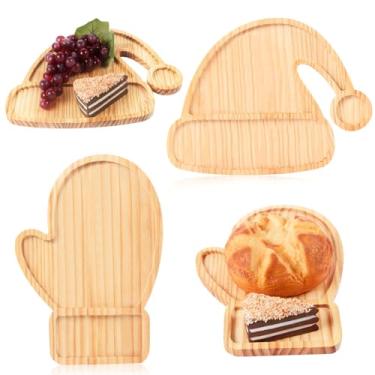 Imagem de FOBSME 2 bandejas de servir de Natal, chapéu de Papai Noel e tábuas de charcutaria em forma de luva de inverno, prato decorativo de madeira, pratos de lanche de madeira de pinho para presente de