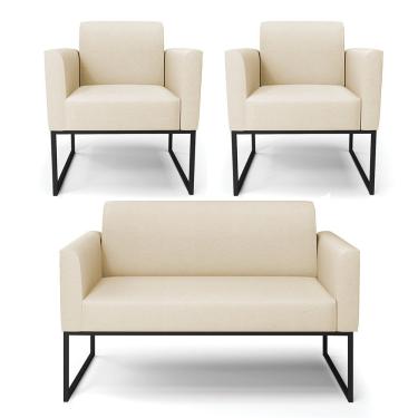 Imagem de Sofá Namoradeira Com 2 Poltronas Base Industrial Preto Marisa Linho A32 Palha