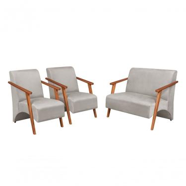 Imagem de Conjunto Venus Braços Em Madeira Maciça 1 Namoradeira 2 Poltronas Suede Bege