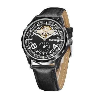 Imagem de TIME100 Relógio masculino mecânico automático, ponteiros luminosos, mostrador esqueleto, impermeável, série piloto, relógio com volante de negócios, Preto, Mecânico, automático, relógio esqueleto