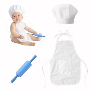 Imagem de 3 peças de adereços para fotografia de bebê, roupa de chef de bebê e mini rolo de silicone, adereços para fotos de recém-nascidos para 6 a 24 meses