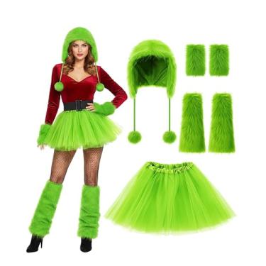Imagem de Shihanee Halloween Cosplay Furry Costume Accessories for Women 4pcs Including Leg Covers Hat Gloves & Skirt for Halloween (Green,Classic)
