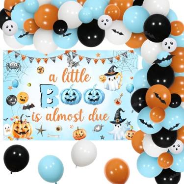 Imagem de Funmemoir A Little Boo is Almost Due Baby Shower Boy, Blue and Orange Halloween Baby Shower Decorations - Backdrop with Halloween Vintage Watercolor Balloon Garland, 3D Bat Wall Stickers