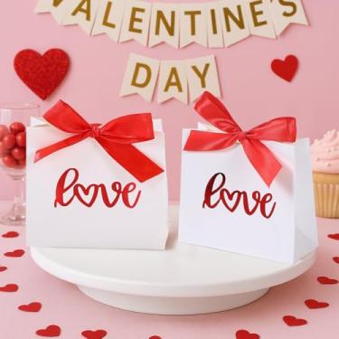 Imagem de 10 caixas de presente de laço, sacos de presente de letras de amor brancas de dia dos namorados com fita vermelha estampada a quente, caixa de doces, bolsa de agradecimento para lembrancinhas de festa