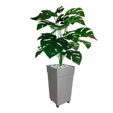 Imagem de Planta Artificial Costela de Adão com Vaso Decorativo Grande em Rattan – Decoração Elegante para Sala ou Casa(Cinza)