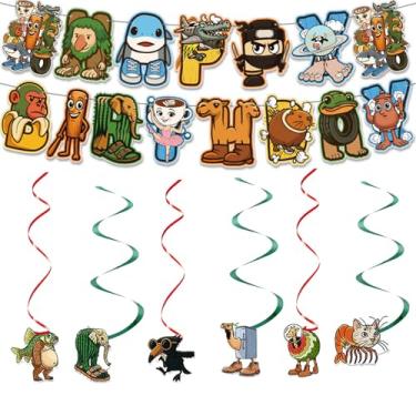 Imagem de Conjunto de decorações de aniversário italiano Brainrot, inclui 1 faixa feliz 6 peças redemoinhos pendurados, ideal para festa Brainrot e decoração Tung Tung Sahur