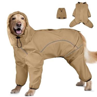 Imagem de Capa de chuva para cães, impermeável com capuz removível, poncho ajustável para animais de estimação de 4 pernas com orifício para trela, com capuz listrado refletivo, à prova de neve, roupas à prova