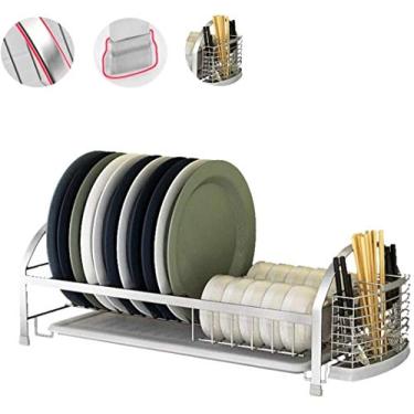 Imagem de BSNANCA Rack de drenagem escorredor de pratos escorredor de pratos bandeja de gotejamento suporte de talheres suporte de pauzinhos rack de armazenamento de talheres removível/prata/55 * 19,7 * 26,5 cm