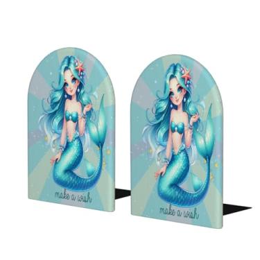 Imagem de Suporte de livros de madeira grande sereia azul beleza suporte de livro decorativo antiderrapante resistente terminais de livro para mesa de escritório em casa biblioteca de estudo escolar divisórias