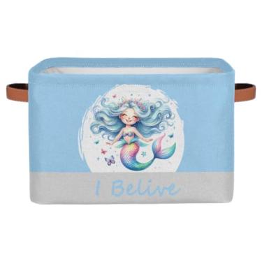 Imagem de Cestas de armazenamento pequenas, azul, adorável sereia, com alças, caixas de armazenamento de brinquedos para crianças, organizador de cubo de tecido, cesto organizador para berçário, sala de estar