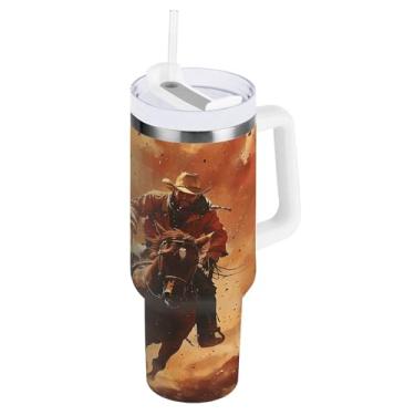 Imagem de xigua Copo vintage Western Cowboy de 1,134 g com tampa e canudo, aço inoxidável de vácuo duplo isolado garrafa de água esportiva suporte para copo de café de viagem à prova de vazamento para bebida