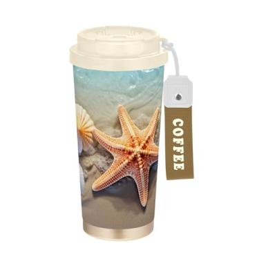 Imagem de SEHANY Caneca de viagem Summer Sea Beach Starfish 482 g Copos de café reutilizáveis revestidos de cerâmica com tampa à prova de vazamento, parede dupla, isolamento a vácuo, copo de café de aço